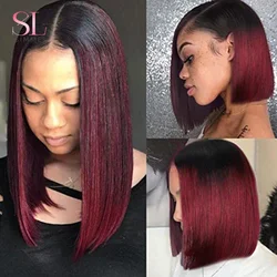 T1b/99j borgonha vermelho em linha reta bob t parte frente do laço peruca de cabelo humano para as mulheres colorido brasileiro remy cabelo natural bob peruca