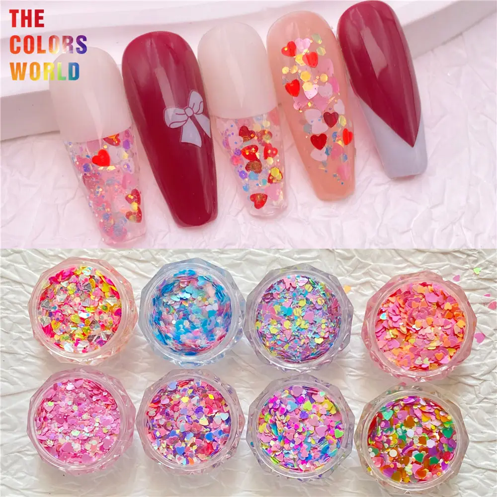 TCT-952 Love Heart Nail Glitter Sequins Shiny Iridescent Holo Nail Flakes Laser Mix Paillette for Valentine Party Festival