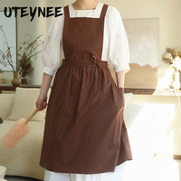 Long Pleated Waterproof Cotton Kitchen Apron for Salon Beauty Women's Anti-dirty Cooking Baking Pinafore Cleaning Work Clothes