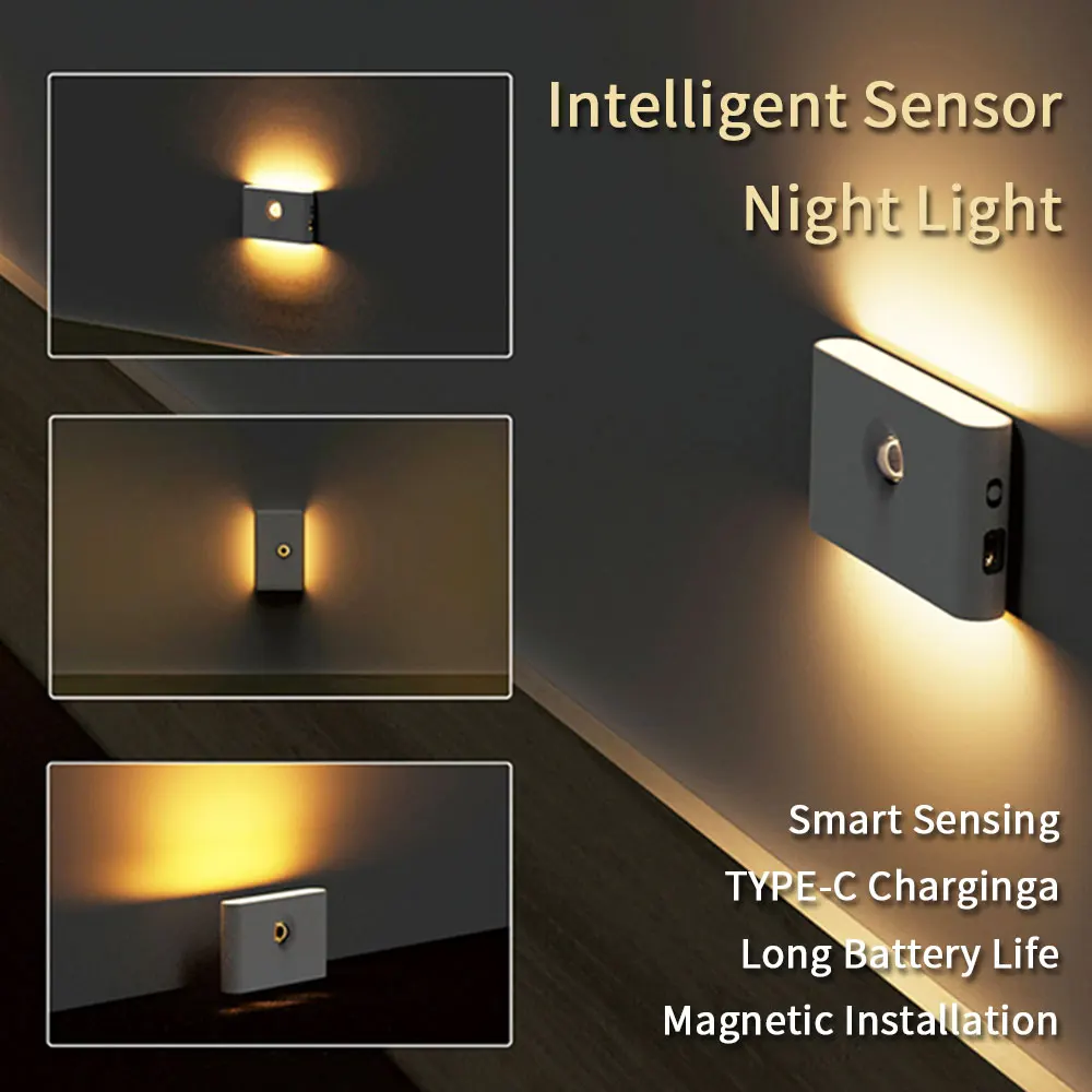 Smart Sensing Nightlights Human Sensor LED Lights type-c Rechargeable Magnetic Bedroom Closets Lamp Self Defense Room Decor