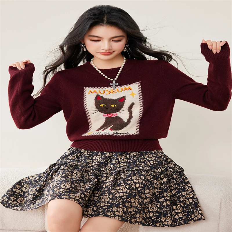 Otoño Invierno moda Slim grueso cálido suéteres con cuello redondo ropa de mujer Vintage dibujos animados Jacquard lana suave jerseys de punto rojo