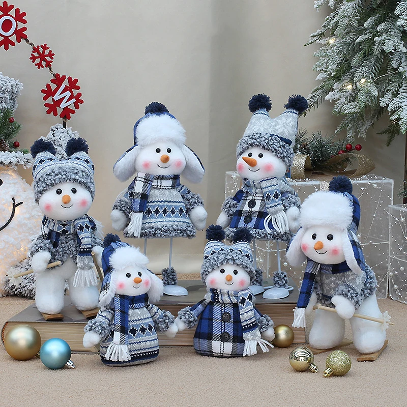 

New Blue Christmas Snowman Dolls Plush Swinging Skiing Doll Figurine Toys Christmas Tree Ornaments New Year Xmas Gift