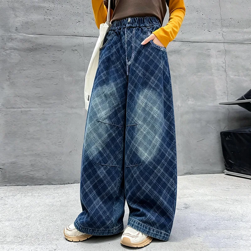 New Autumn Girls Jeans American Plaid Loose Wide‑Leg Curved‑Denim Pants Teens Kids Fashion Baggy Casual Long Trousers 4-14Y