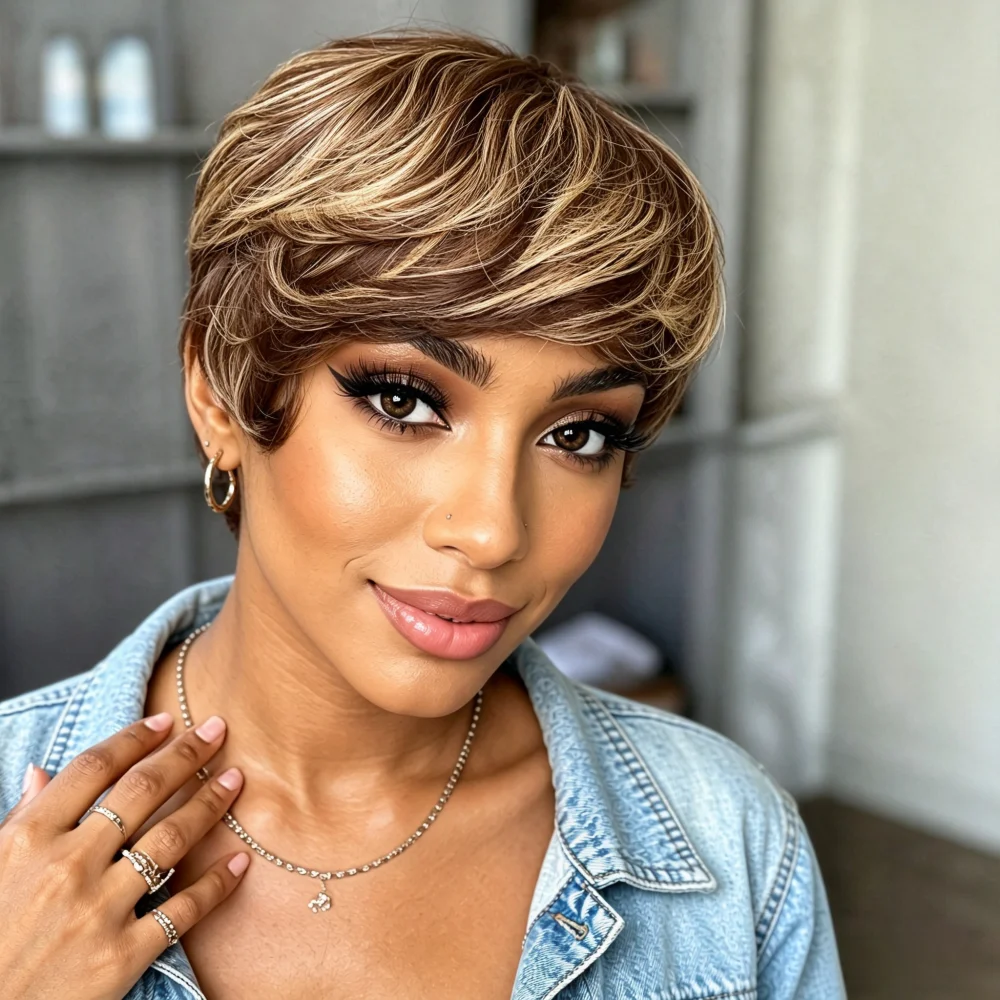 Full Machine Made Highlight Brown Short Pixie Human Hair Wigs for Women, Layered Side Bang Human Hair Short Bob Wig Daily Party