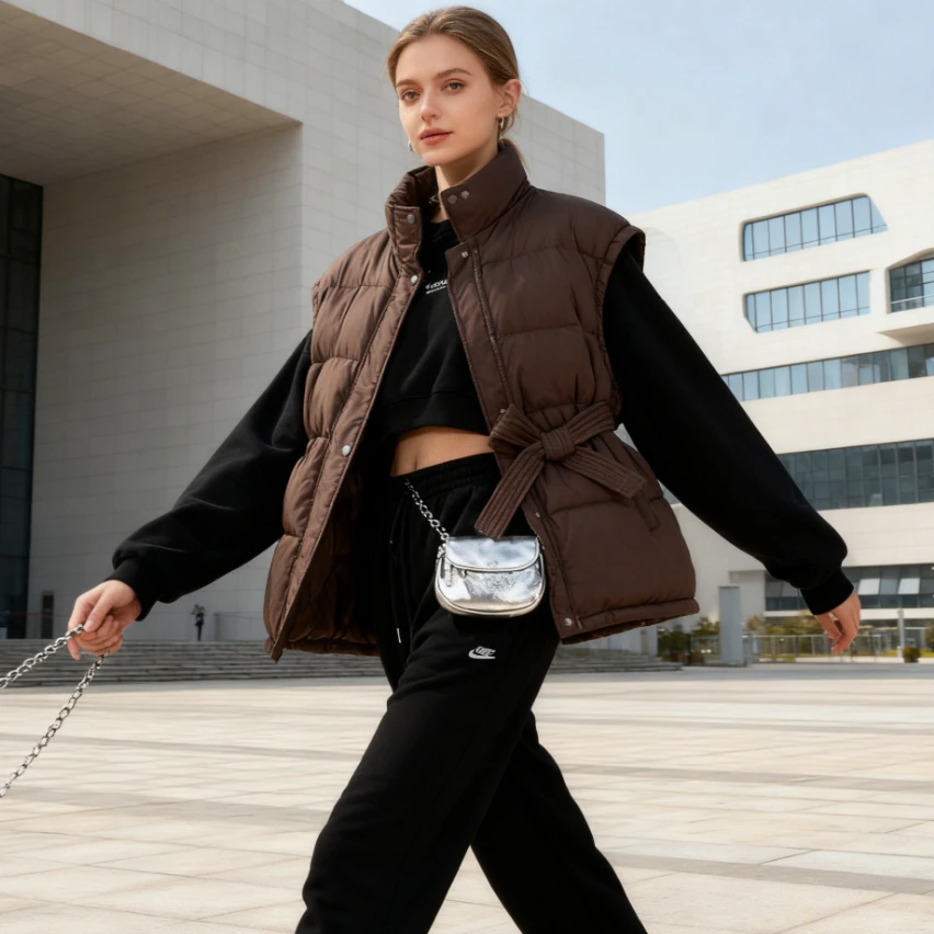 Sleeveless Vest Women Parkas Stand Collar Parka Covered Button Cardigan Belt Loose Spliced Outerwear Pockets Winter Autumn 2025
