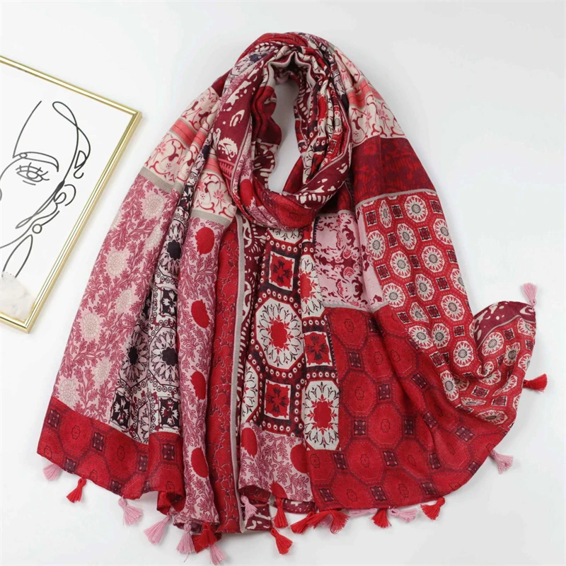 Vintage Viscose Scarves Women Design Aztec Geometric Floral Tassel Shawls And Wraps Pashmina Stole Bufandas Muslim Sjaal180*90Cm