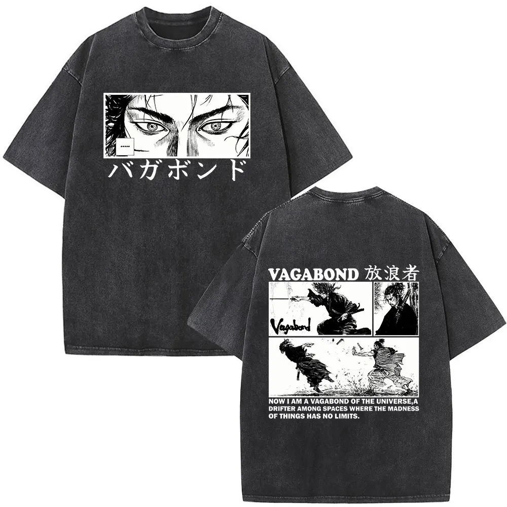 Vintage Washed Anime Vagabond Miyamoto Musashi Graphic T-shirts Men Women Clothing Oversized Short Sleeve T Shirts Streetwear