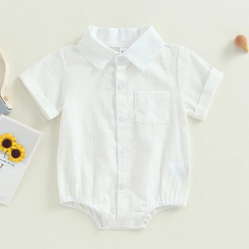 VISgogo Baby Summer Bodysuit Solid Color Button Down Short Sleeve Linen Romper for Toddler Boy Gentleman Clothes