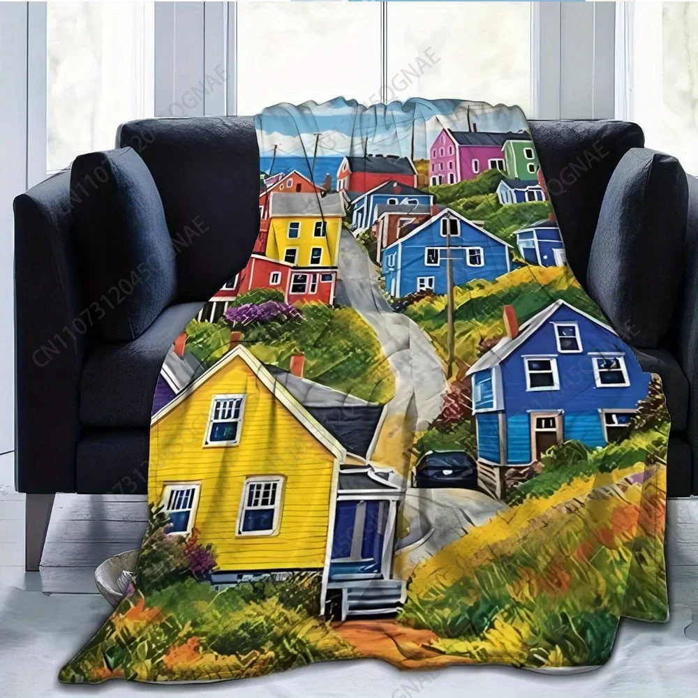Custom 1pc Newfoundland Island Coastal Scene Flannel Blanket - Soft Warm Throw For Sofa, Bed, Office & Camping - Vibrant Colorfu