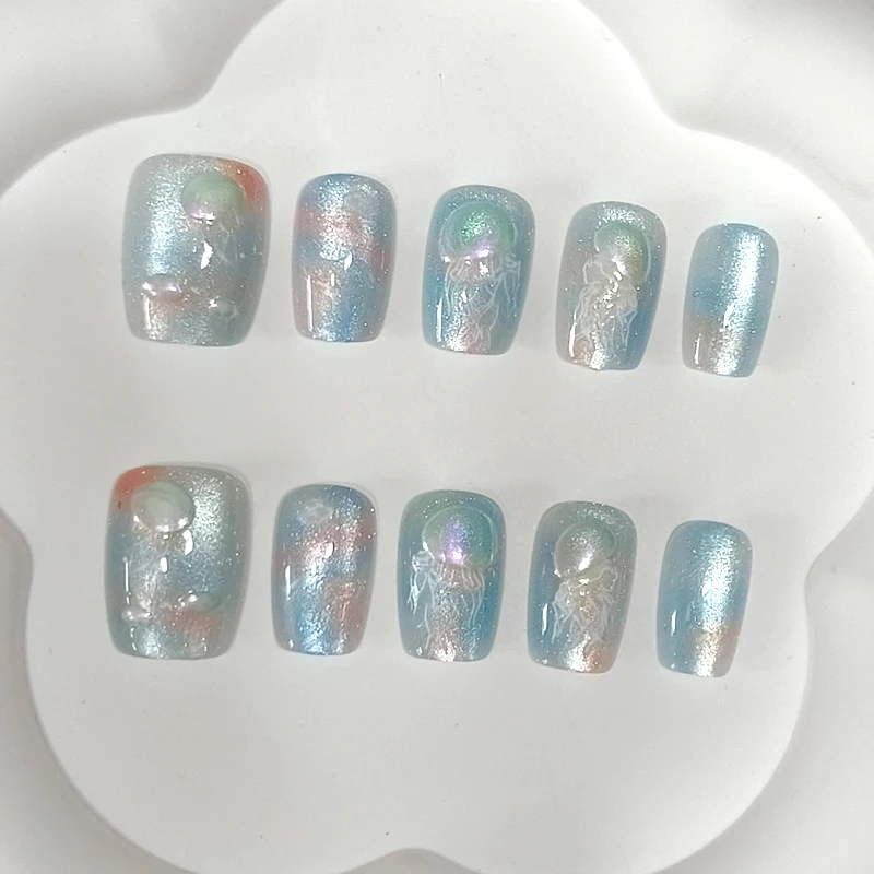 

10 шт. Цветные глянцевые накладные ногти с эффектом медуз, мерцающие, с эффектом кошачьего глаза, съемные, для подростков