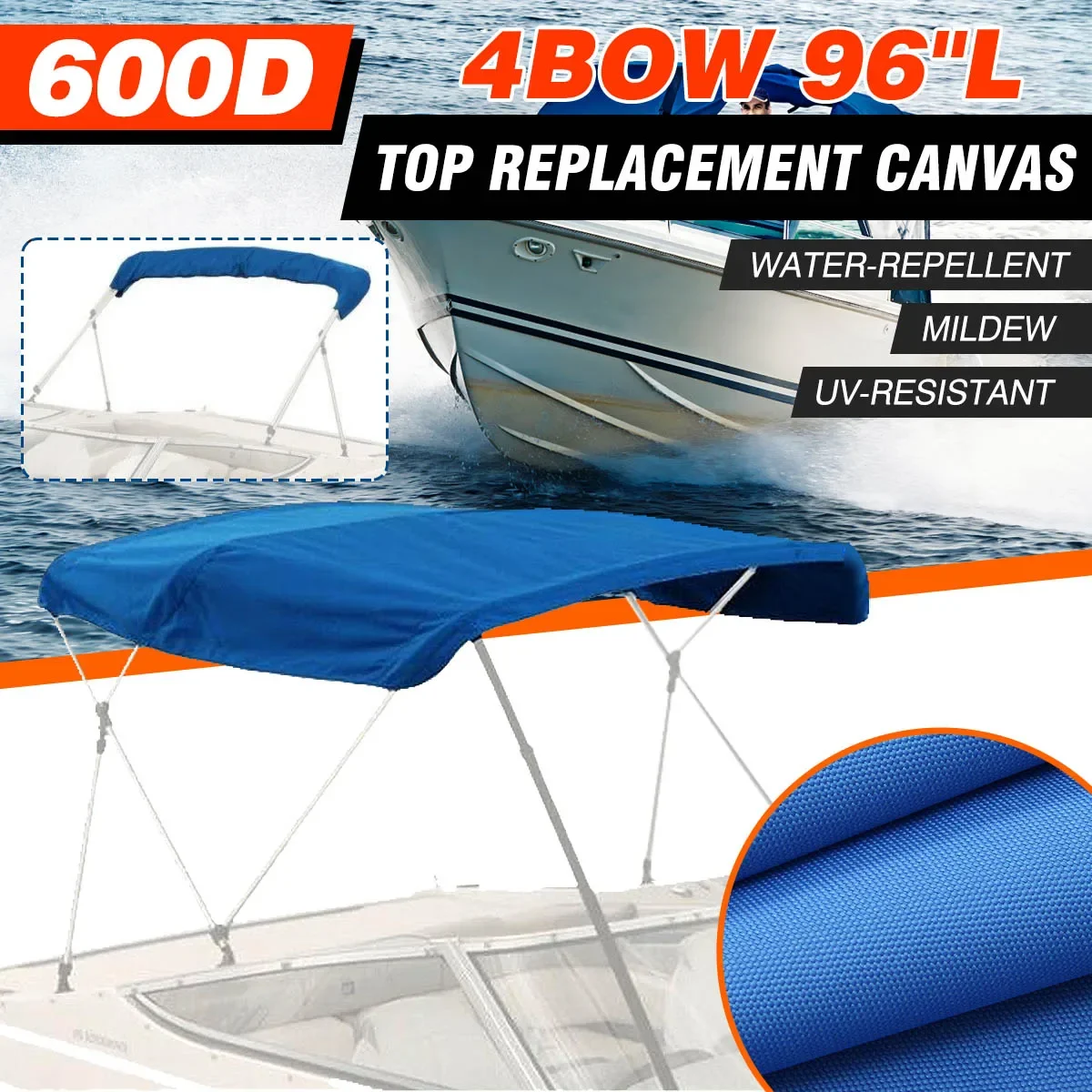 

600D Boat Cover 4 Bow Bimini Top Replacement Canvas with Boot No Frame Marine Cover Anti UV For V-Hull Jon Center Console Boat