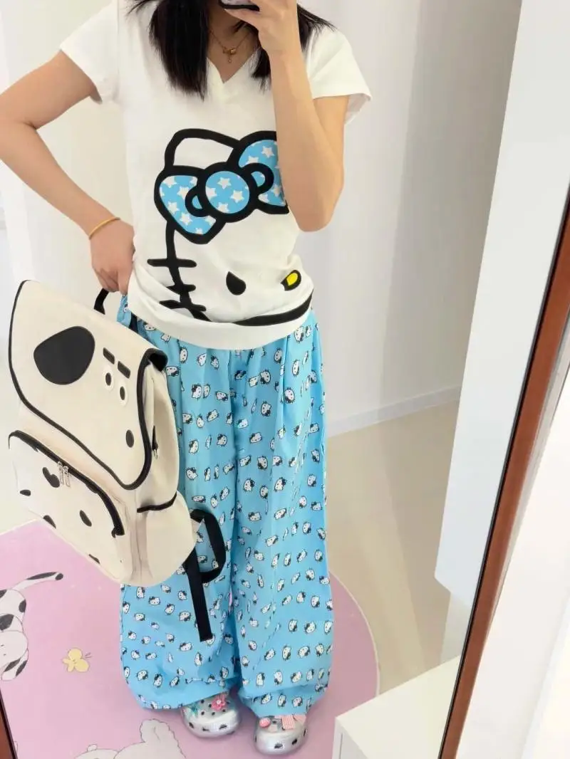 Модный пижамный комплект Sanrio из 2 предметов, комплект домашней одежды Hello Kitty, слинг для девочек, летние охлаждающие брюки Y2K, корейский стиль для девочек