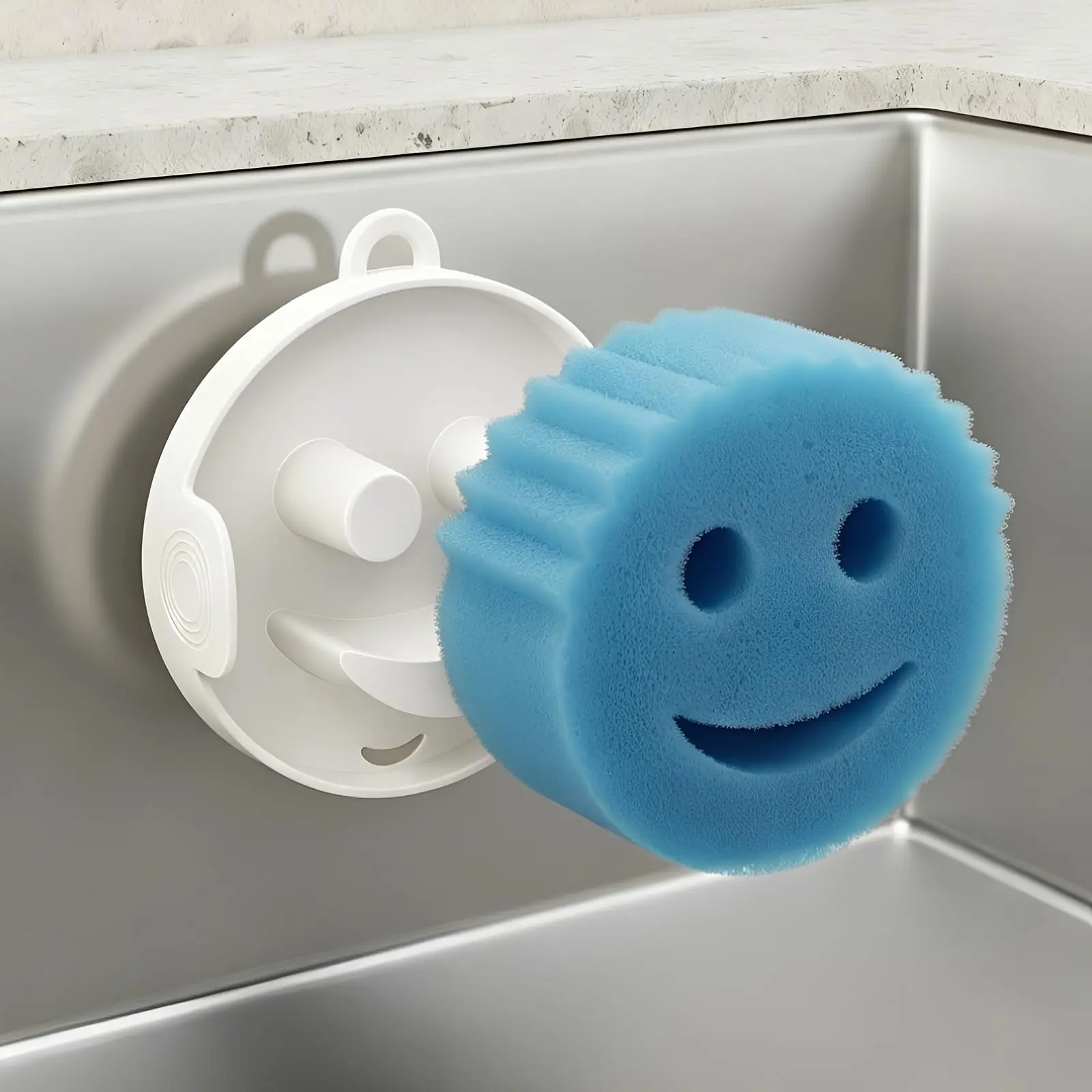Multifunctional 3-in-1 Smiley Face Kitchen Sponge Holder with Cleaning Handle Magnetic/Hanging/Countertop Mount Kitchen Tools