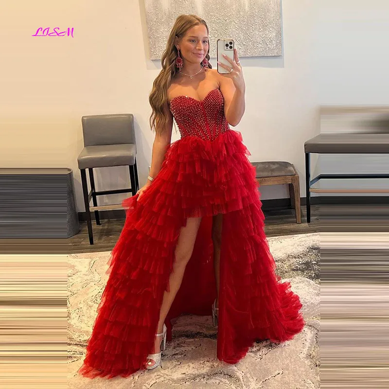 Vestido De fiesta De línea a con cuentas Rojas, vestido De graduación Alto y Bajo, Vestidos De noche formales brillantes con escote Corazón, Vestidos De fiesta hermosos