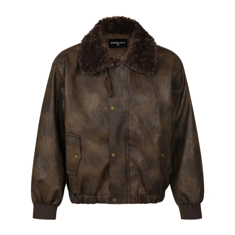 

Mahogany Brown Men's Faux Leather Jacket, Vintage Faux Shearling Collar Mans Coat, Unisex Streetwear Parka