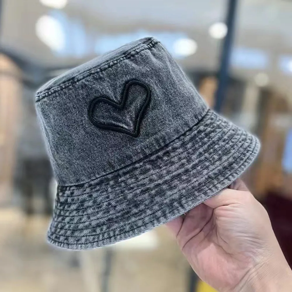 Big Brim Cowboy Fisherman Hat Travel Korean Style Love Heart Denim Bucket Hat Sun Helmet Climbing Covering Basin Hat Daily