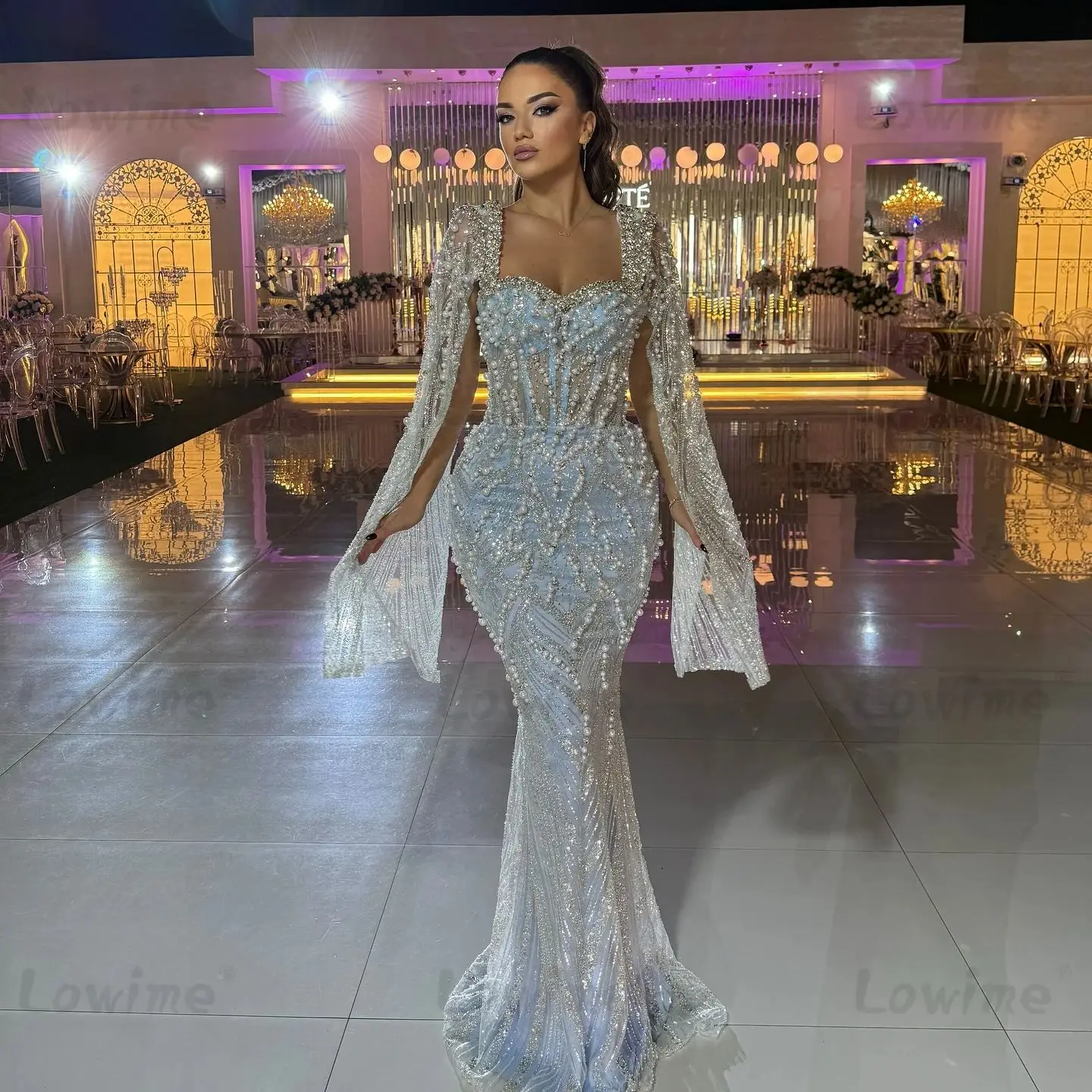 فساتين سهرة بأكمام كيب زرقاء 2025 حورية البحر مطرز باللؤلؤ كريستال فستان الحفلات لحفلات الزفاف مخصص فساتين حفلات طويلة #1