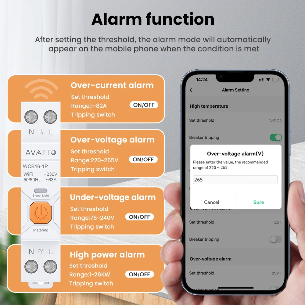 MIUCDA-disyuntor inteligente Tuya WiFi 1P 63A, Monitor de consumo de energía de riel DIN con función de alarma, interruptor de Control remoto por aplicación