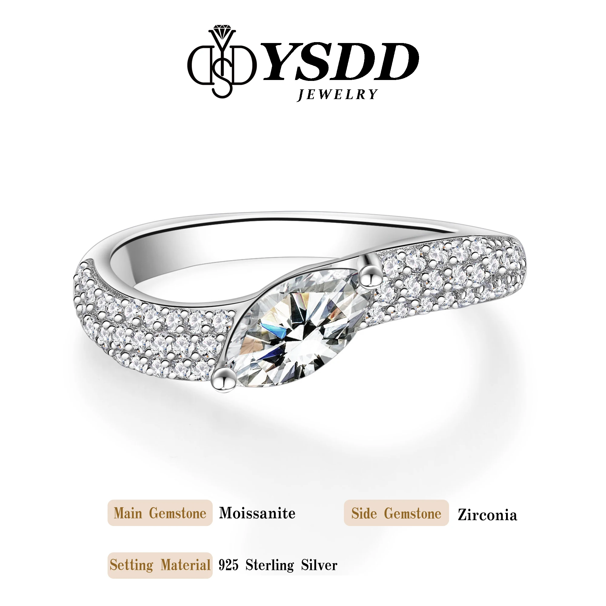 #313 YSDD Genuine D Color 0.8 Carat Horse Eye Moissanite Wedding Band Aristocrat S925 Sterling Silver Women's Ring