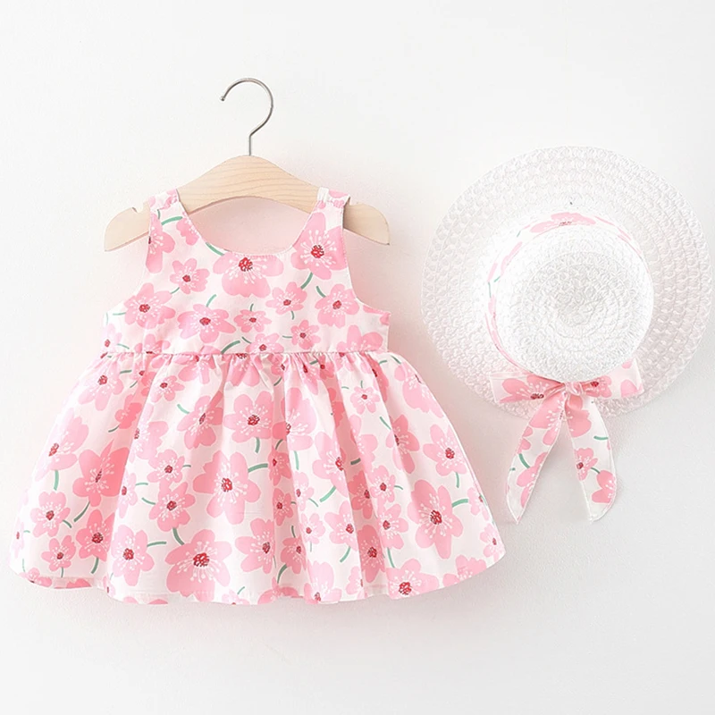 

2Piece Summer Toddler Girl Clothes Korean Cute Bow Flowers Fashion Print Beach Princess Dress+Sunhat Newborn Baby Dresses BC019