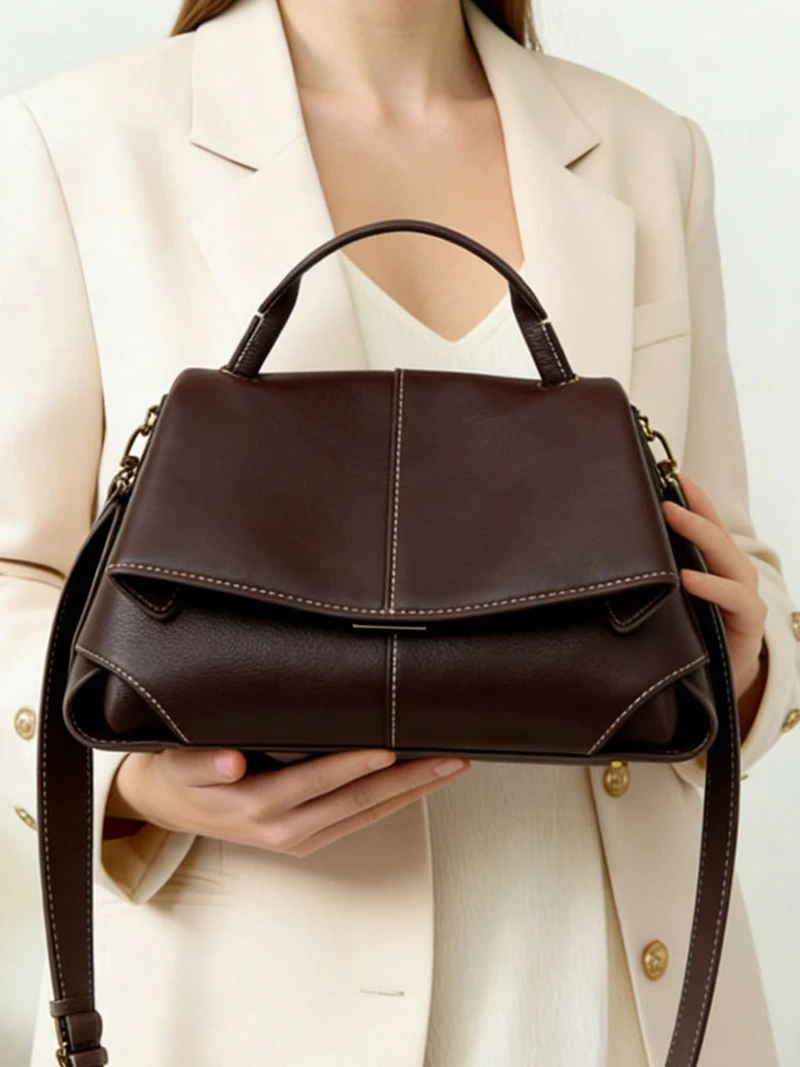 100% Genuine Suede Leather Women Top Handle Bag Vintage Crossbody Bag Ladies Stitching Design Flap Shoulder Bag For Daily Use image 4