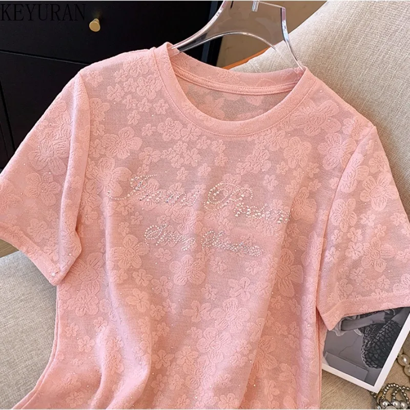 2024 Summer Lace Floral Jacquard Short Sleeve T-shirt Women Korean Fashion Vintage Clothes O-Neck Pullover Hot Drill Tees Tops