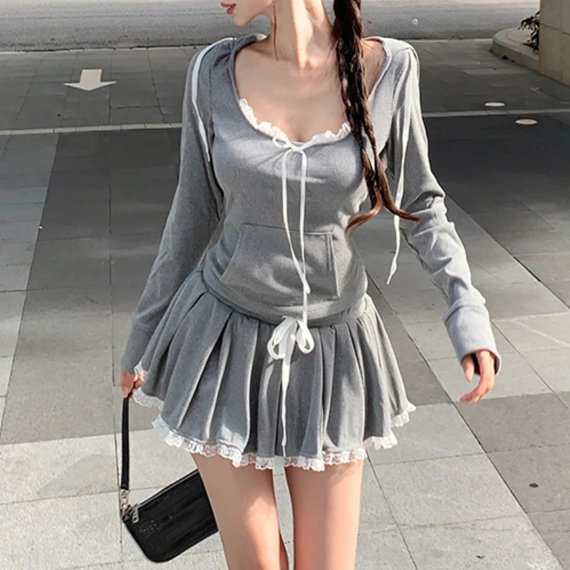 2024 Autumn New Streetwear Contrast Color Patchwork Pleated A-line Skirt Women + Hooded Long Sleeve T-Shirt Two-piece Suit