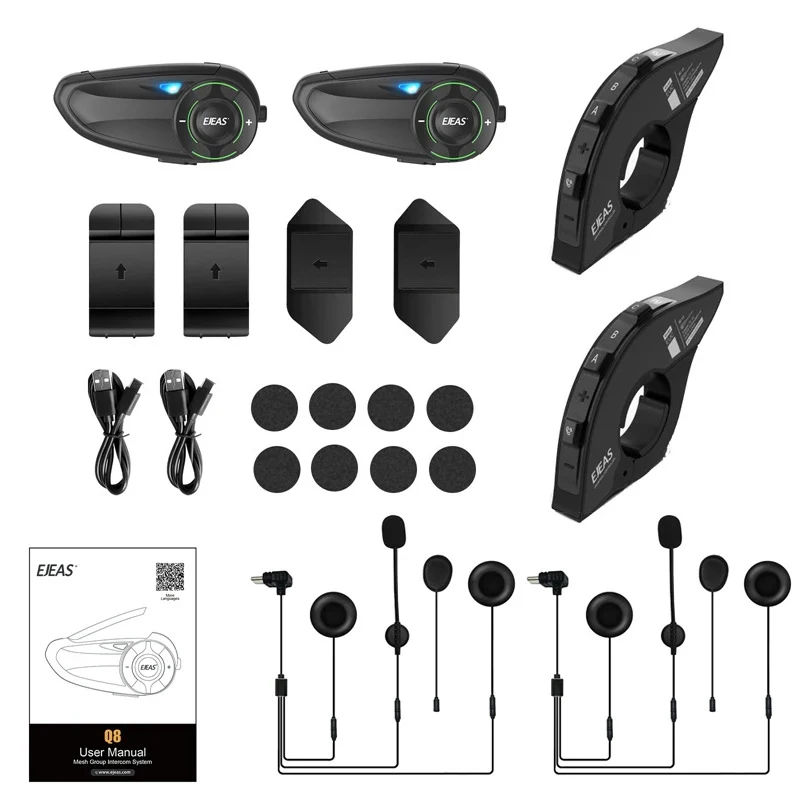 EJEAS Q8 Motorfiets Mesh Intercom met EUC Remote Walkie Talkie Bluetooth Interphone Headset voor 6-rijders met Bluetooth 5.1