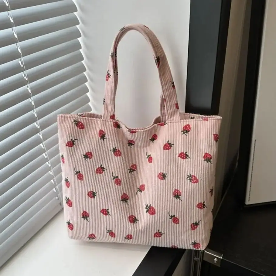 Strawberry Print Women Shoulder Bag New Corduroy Large capacity Shopping Bag Solid Color Handbag Tote Bag