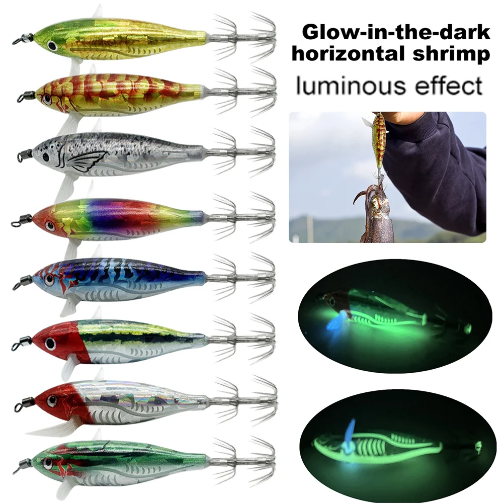 5.5g Luminous Floating Egi lure Squid Jigging Shrimp Hook Artificial Wood Shrimps Lures Fishing Squid Cuttlefish Hook Tackle