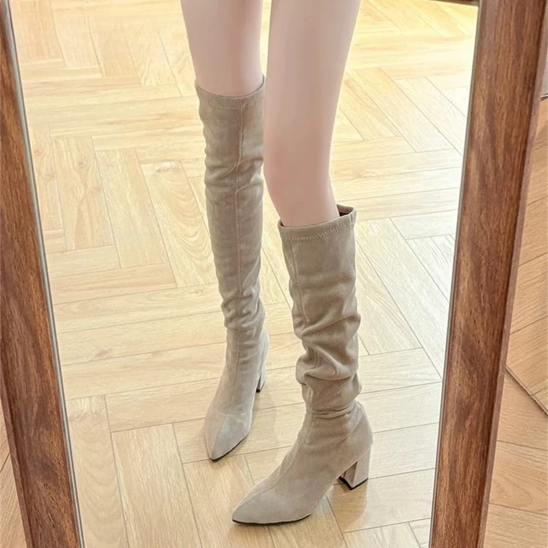 

Winter Fashion Stretch Fabric Women Over The Knee Sock Boots Street Style Thick Heel Party Stripper Female Silm Long Booties