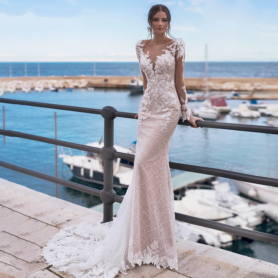 

Mermaid Wedding Dress Sexy Women's Backless Long Sleeve Bridal Gowns Embroidery Applique Lace Beach Wedding Party Vesido Noiva