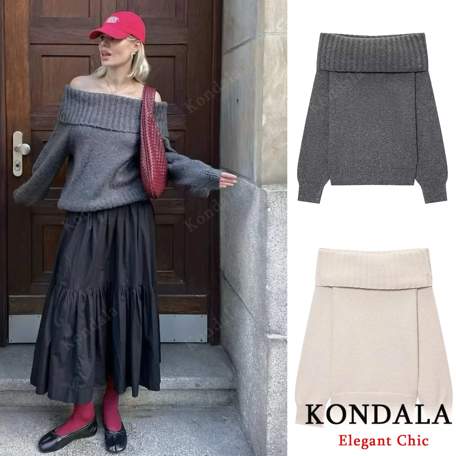 

KONDALA повседневный женский свитер на одно плечо, вязаный свитер с длинными рукавами и открытыми плечами, осень 2021, модный уличный современный женский свитер