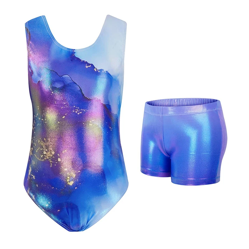 Girls Gymnastics Leotards, Glitter Ballet Dance Unitards Biketards Activewear with Short & Hairband for Kids 3-12 Years