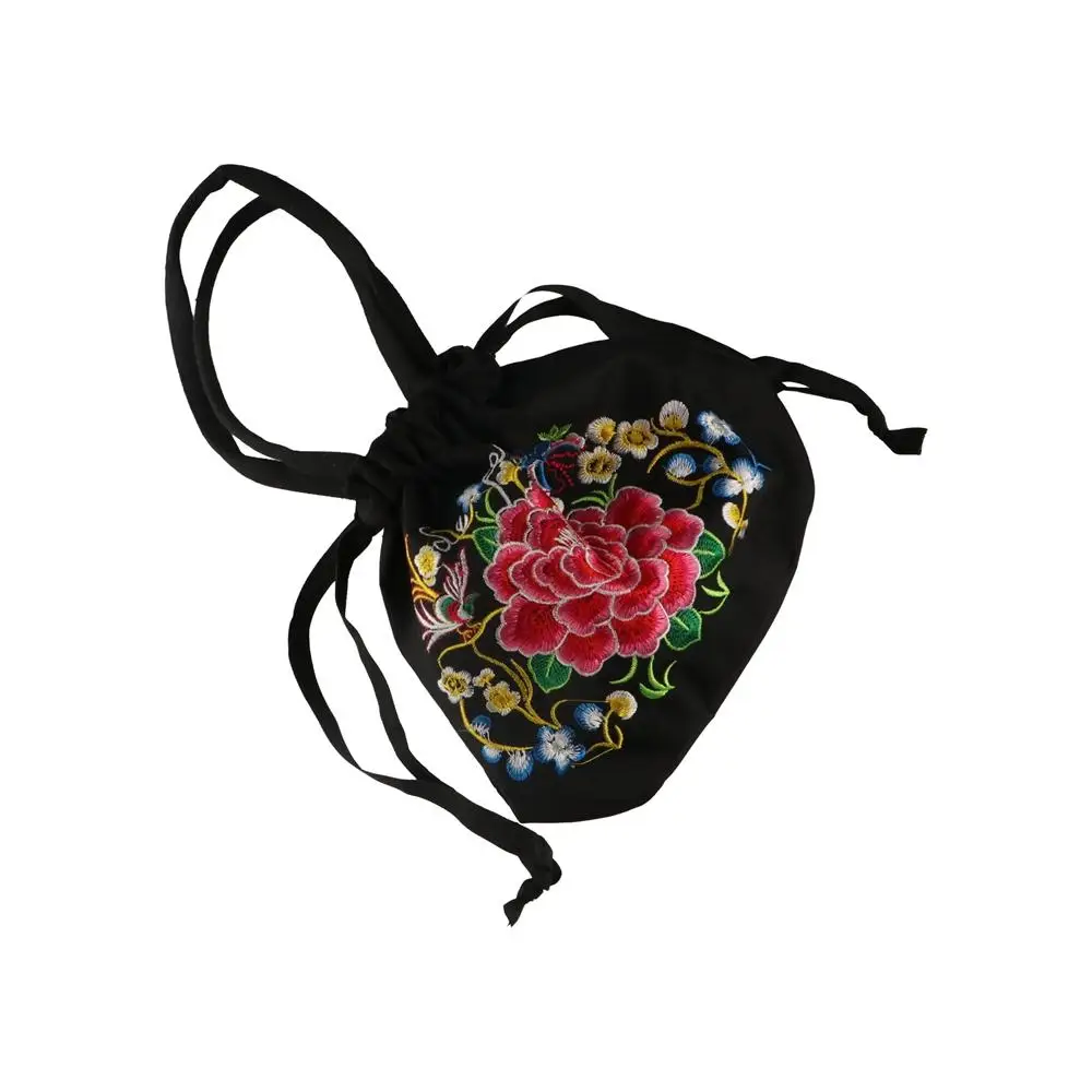 Satin Silk Hanfu Drawstrings Bag Rose Flower Ethnic Style Embroidery Flower Handbag Mommy Bag Bucket Bag Small Purse Wallet