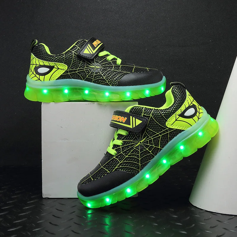 Kids Sneakers Light Up Skateboarding Shoes Fashion Spider Web Flat Walking Sports Shoes LED USB Charging Flashing Casual Shoes