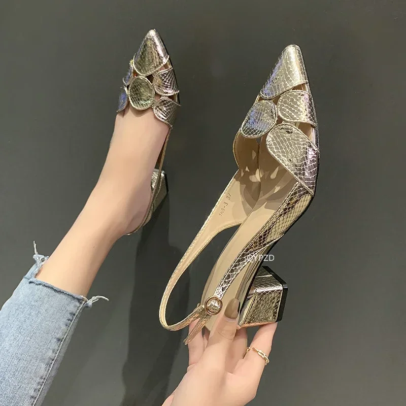 2024 Mode Frauen Leder 3cm High Heels Dame Pointe Toe Gold Heels Sandalen weibliche Hochzeit Braut schuhe Damen High Heel Schuhe