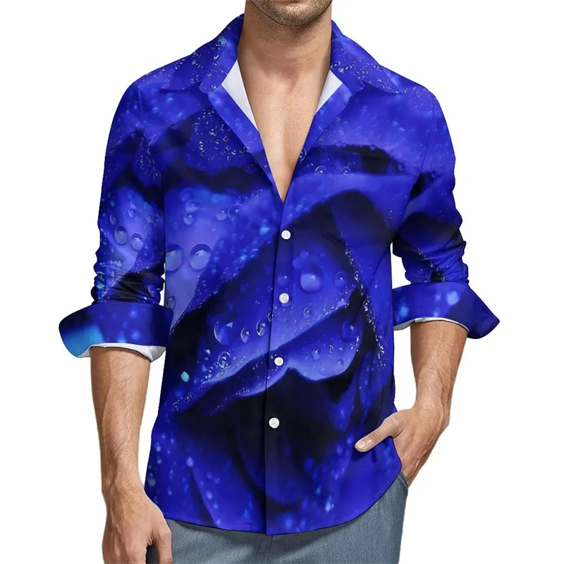 

Рубашка мужская с длинным рукавом, модная уличная одежда в стиле Харадзюку, с 3D принтом синих цветов, крутые Топы с длинным рукавом, Осень-зима