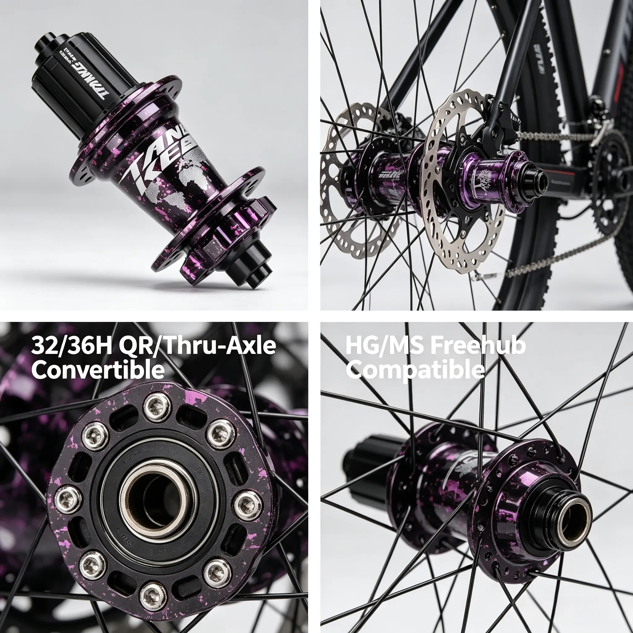TANKE 120-Click MTB Hub Set, 6-Bearing Front & Rear Disc Hubs, 32/36H QR/Thru-Axle Convertible, HG/MS Freehub Compatible for for