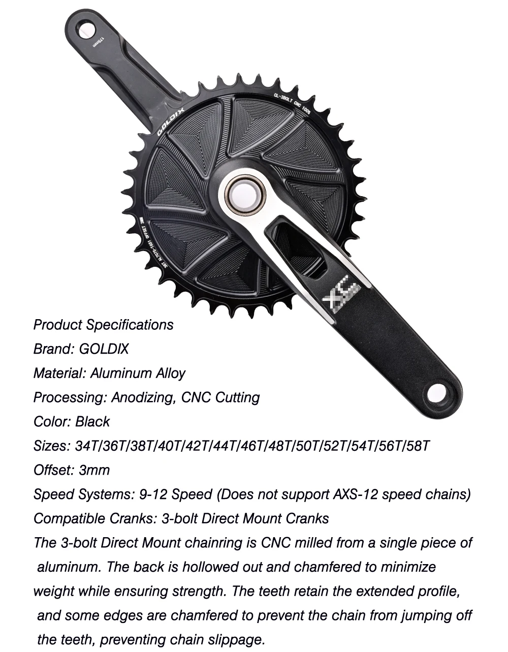 GOLDIX 3-Bolzen 3mm Offset Fahrrad-Kettenblatt mit breiten und schmalen Zähnen, AERO-Kettenblatt, CNC-Hohlschnitt-Bearbeitung für 3-Bolzen-Kurbelgarnitur – Detail 2