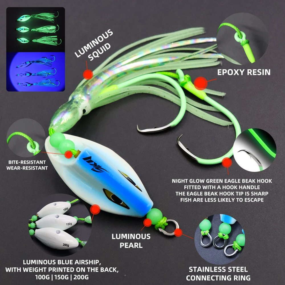 ZYZHE Meeresangel-Hybrid-Jig 100g 150g 200g Tiefsee-Bootsangelköder für Thunfisch, Marlin, Schwertfisch, Salzwasser-Köder-Rigs – Detail 10
