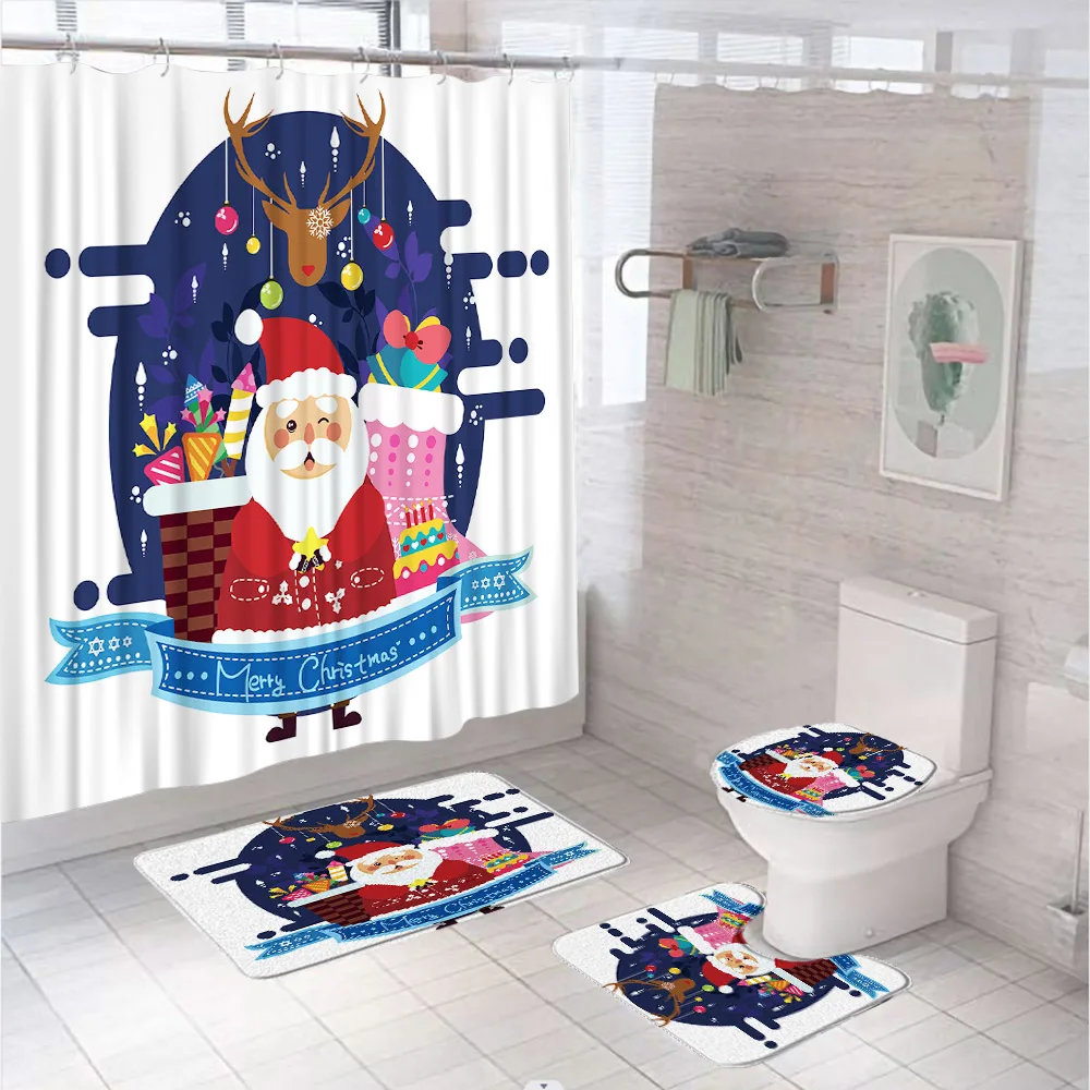 

4Pcs Christmas Santa Claus Shower Curtain Sets with Non Slip Rugs Toilet Lid Cover Bath Mat 12 Hooks for Xmas Holiday Decor Home