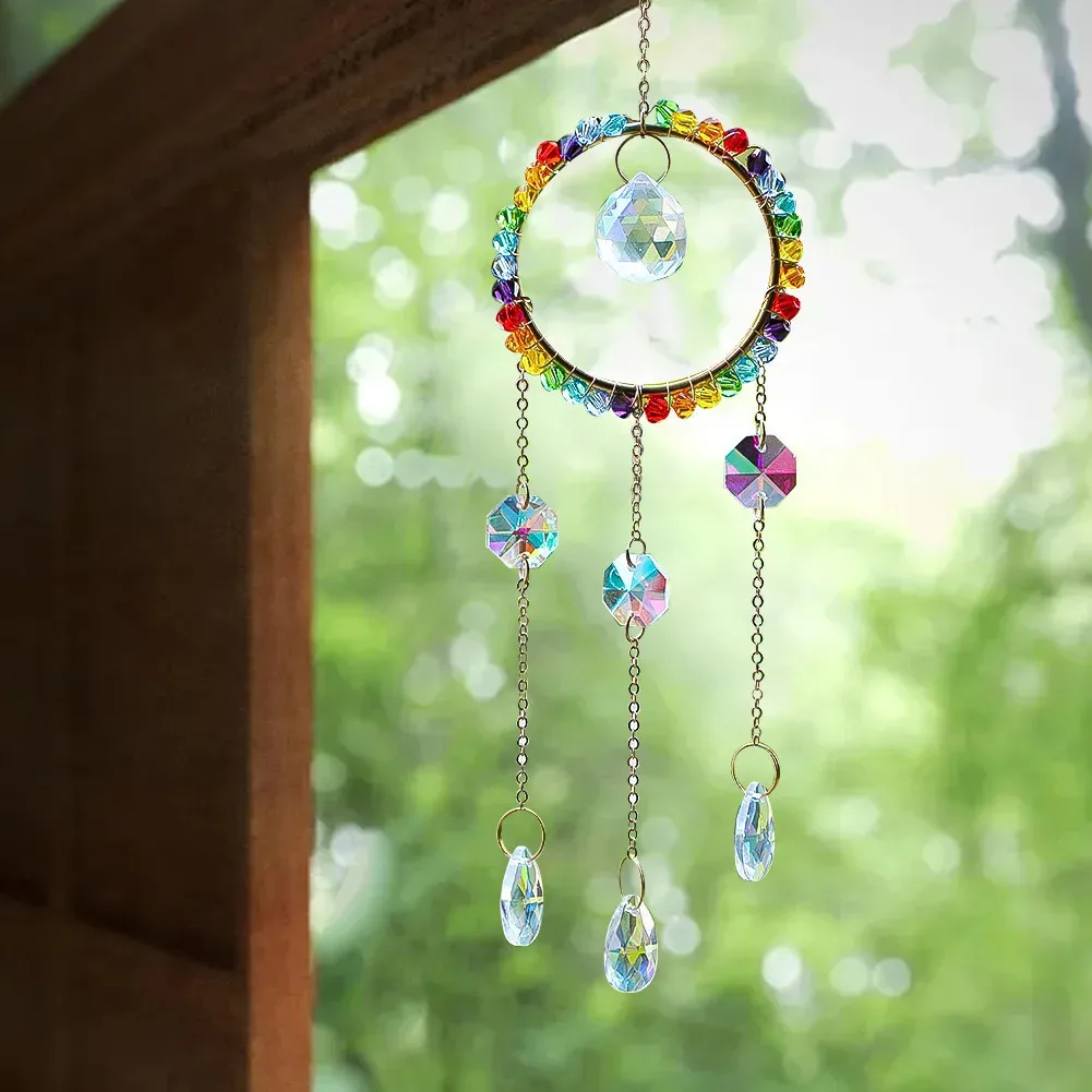 19.5cm Colourful Glass Beads Crystal Prism Wind Chime Multi-faceted Pendant Rainbow Making Sunlight Collector Balcony Decoration