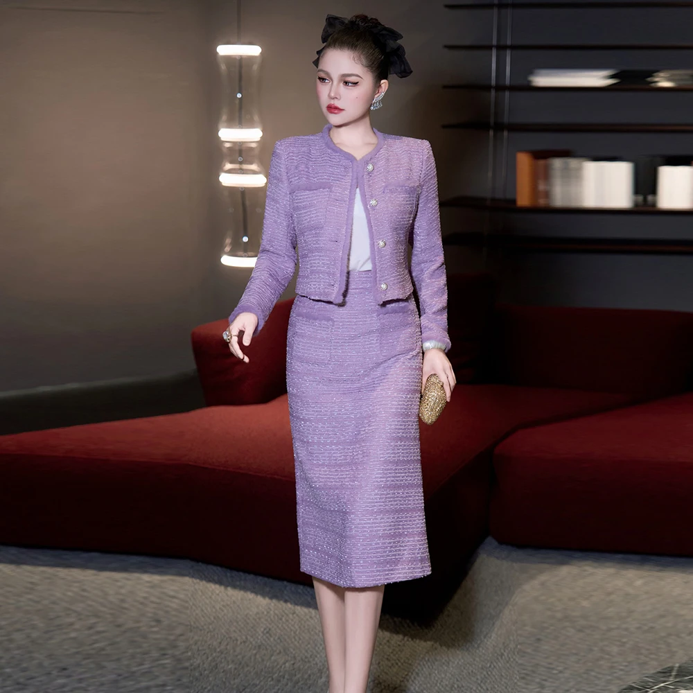 

ZJYT Элегантный модный твидовый шерстяной жакет и юбка-миди, одинаковый комплект из 2 предметов, осень-зима 2025, женский наряд, вечерние костюмы розового цвета