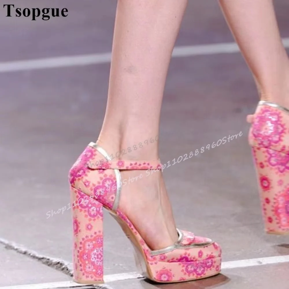 

Pink Flower Print Platform Pumps Chunky High Heel Shoes For Women Ankle Buckle Strap Pointed Toe Luxury Banquet Women Pumps