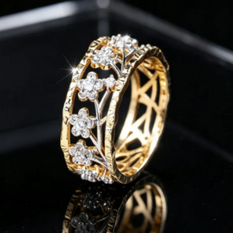 2026 New Two Tone Hollow Flower Branch Zircon Ring Trendy Forest Art Retro Flower Color Separation Wide Edition Accessory