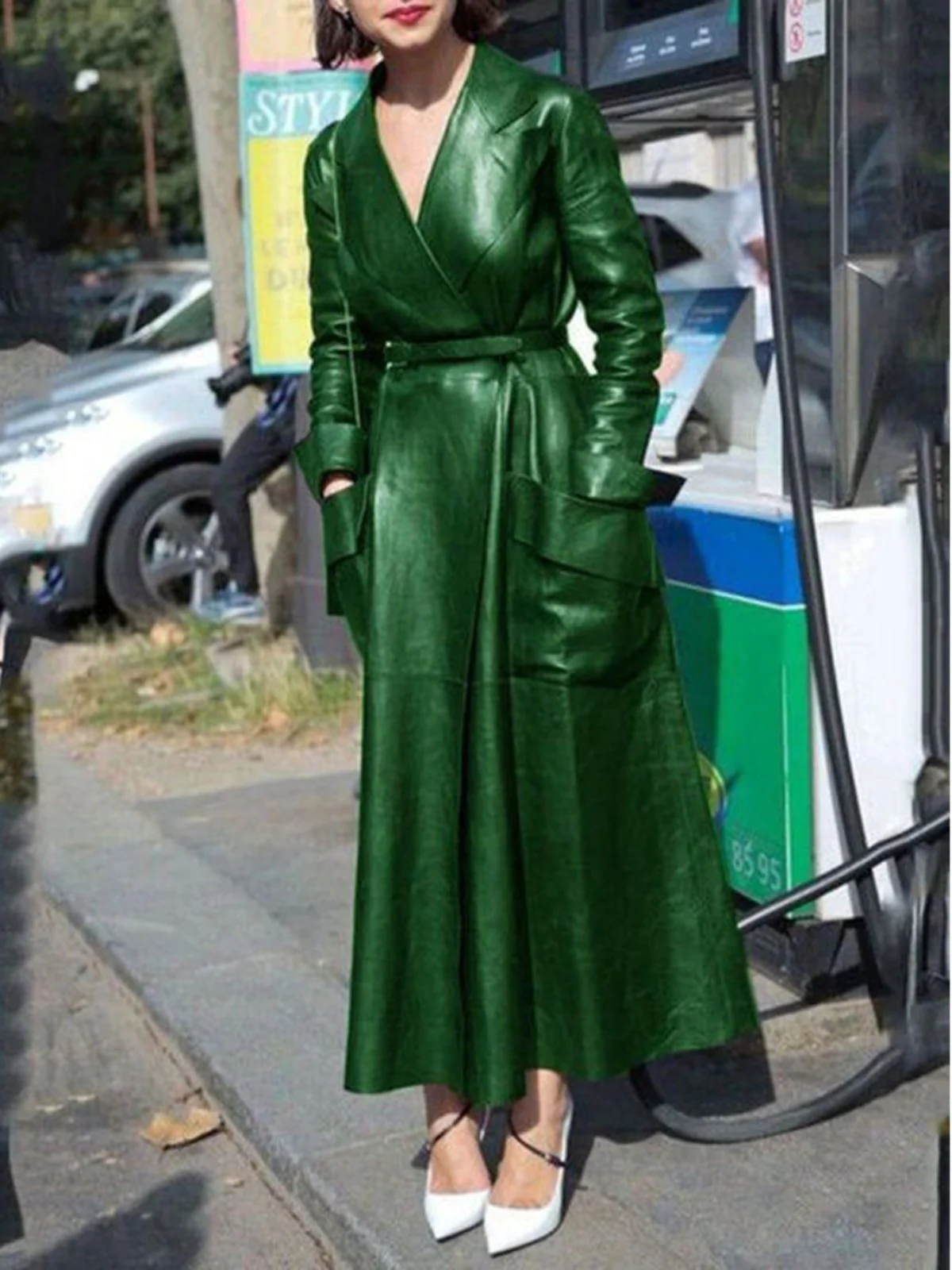 معطف نسائي طويل جداً من الجلد الصناعي بياقة بدلة وحزام، أزياء الشارع العصرية، ماركة أخرى