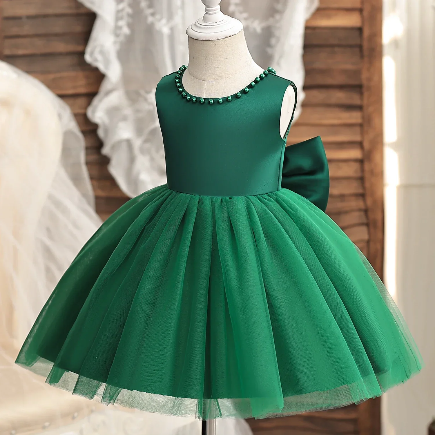 Baby Party Dresses for Girl Backless Bow Flower Girl Dress for Wedding Beading Toddler Kids 1st Birthday Baptism Princess Dress