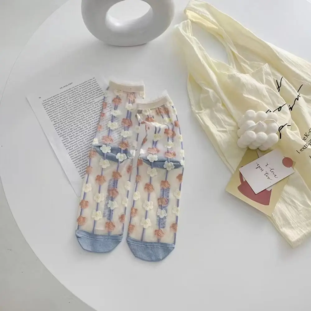 5Pairs Mesh Transparent Flower Socks Ins Style Breathable Tulle Mid Tube Socks Female Hosiery Glass Silk Sweet Socks Women Girl