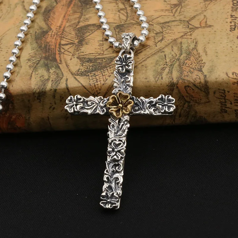 

S925 sterling silver niello jewelry fashion men's and women's retro simple Rose cross pendant